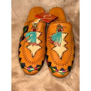 Farm Rio Colorful Stars Flat Mule Beaded Leather Slides Size 8 NWT